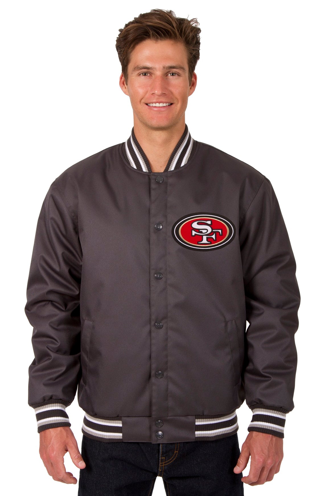 San Francisco 49ers Poly Twill Varsity Jacket - Charcoal | J.H. Sports ...