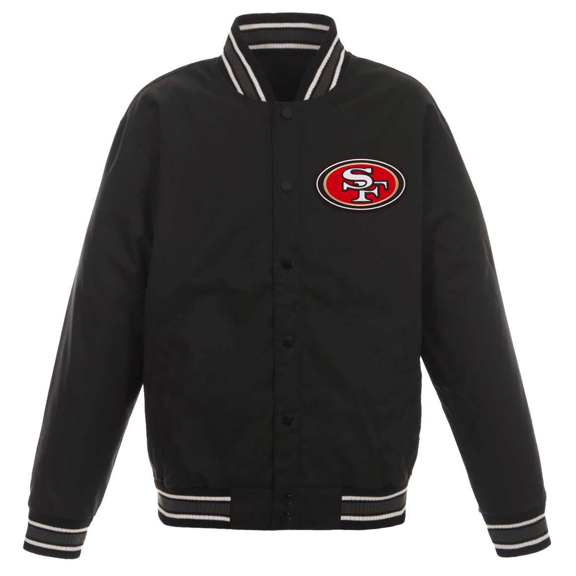 San Francisco 49ers Poly Twill Varsity Jacket - Black | J.H. Sports Jackets