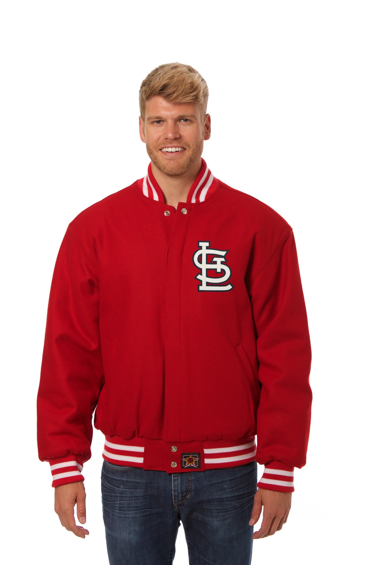 St. Louis Cardinals Wool Jacket w/ Handcrafted Leather Logos - Red | J.H. Sports Jackets