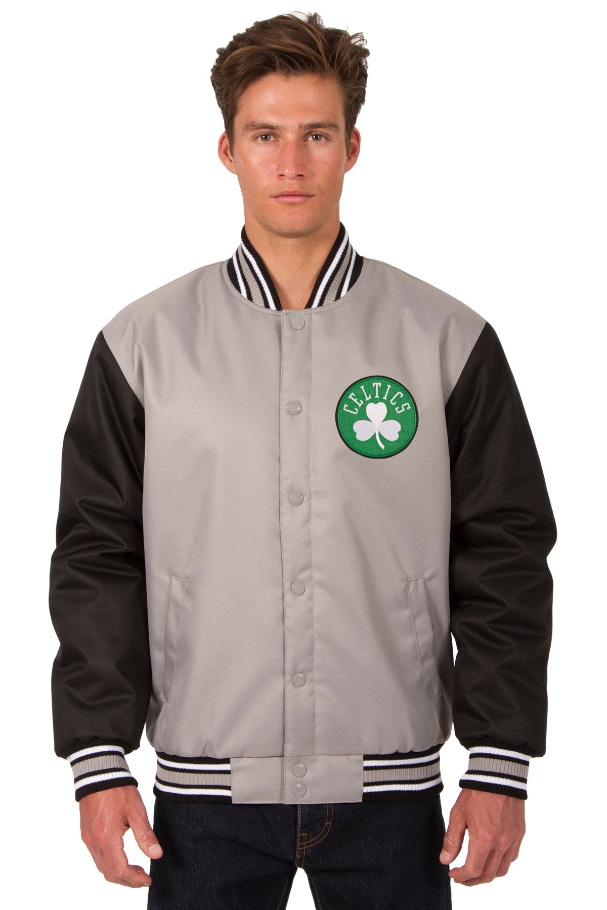 Boston Celtics Poly Twill Varsity Jacket - Gray/Black | J.H. Sports Jackets