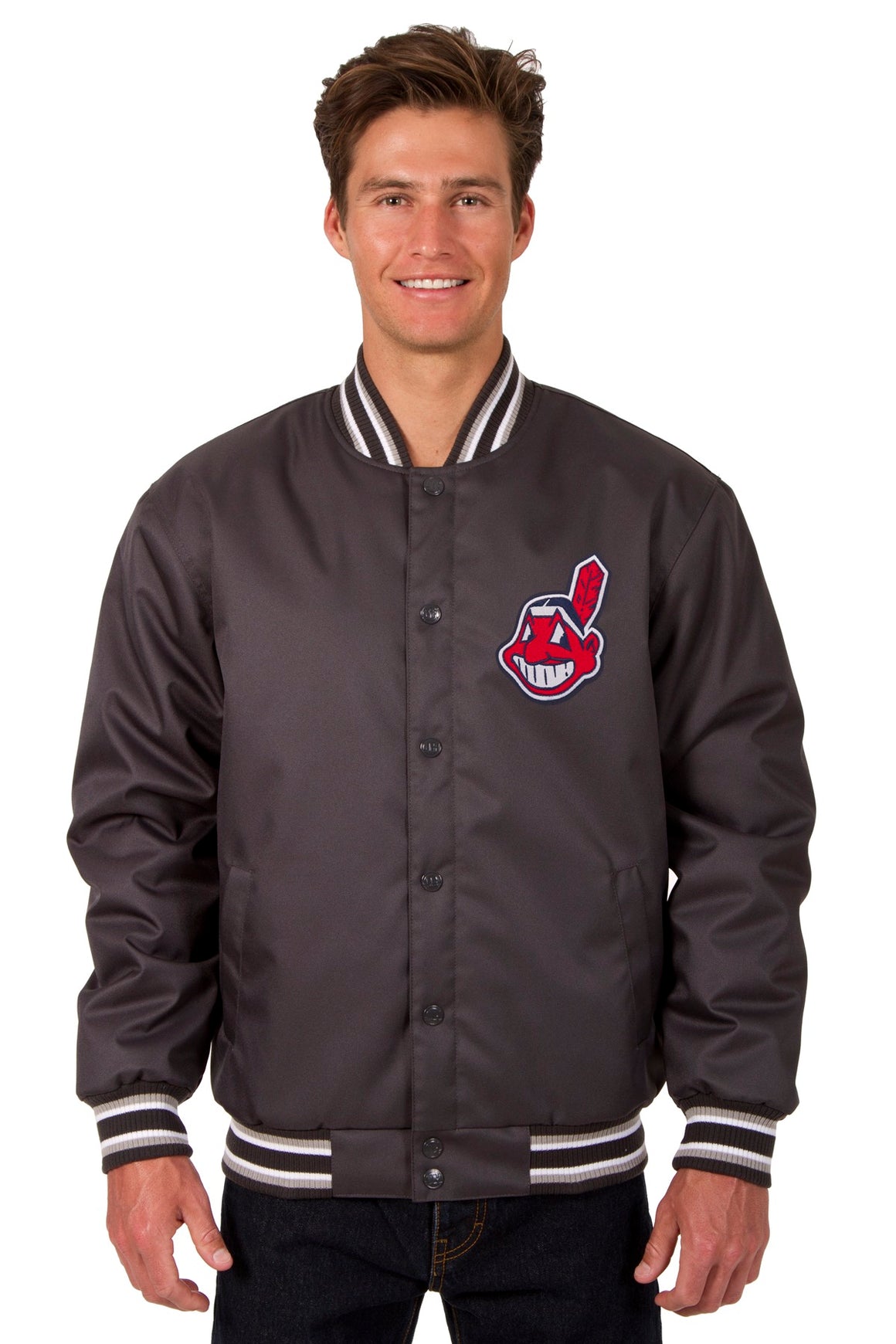 Cleveland Indians Poly Twill Varsity Jacket - Charcoal | J.H. Sports ...