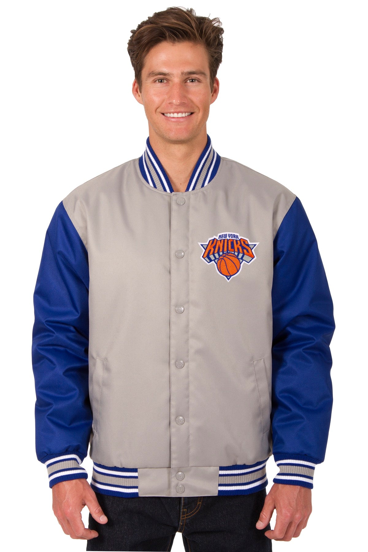 New York Knicks Poly Twill Varsity Jacket - Gray/Royal | J.H. Sports ...