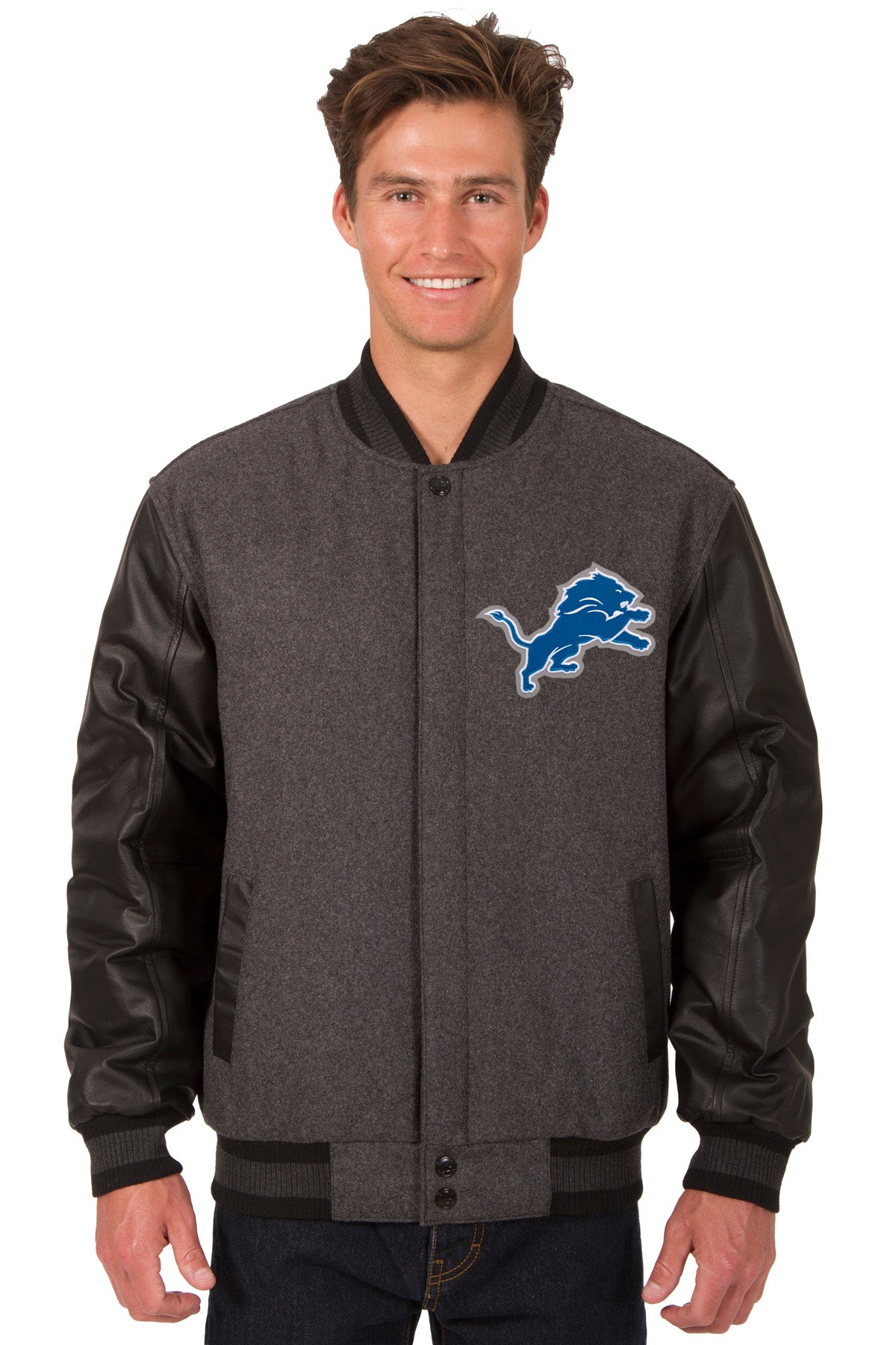 Detroit Lions Wool & Leather Reversible Jacket w/ Embroidered Logos