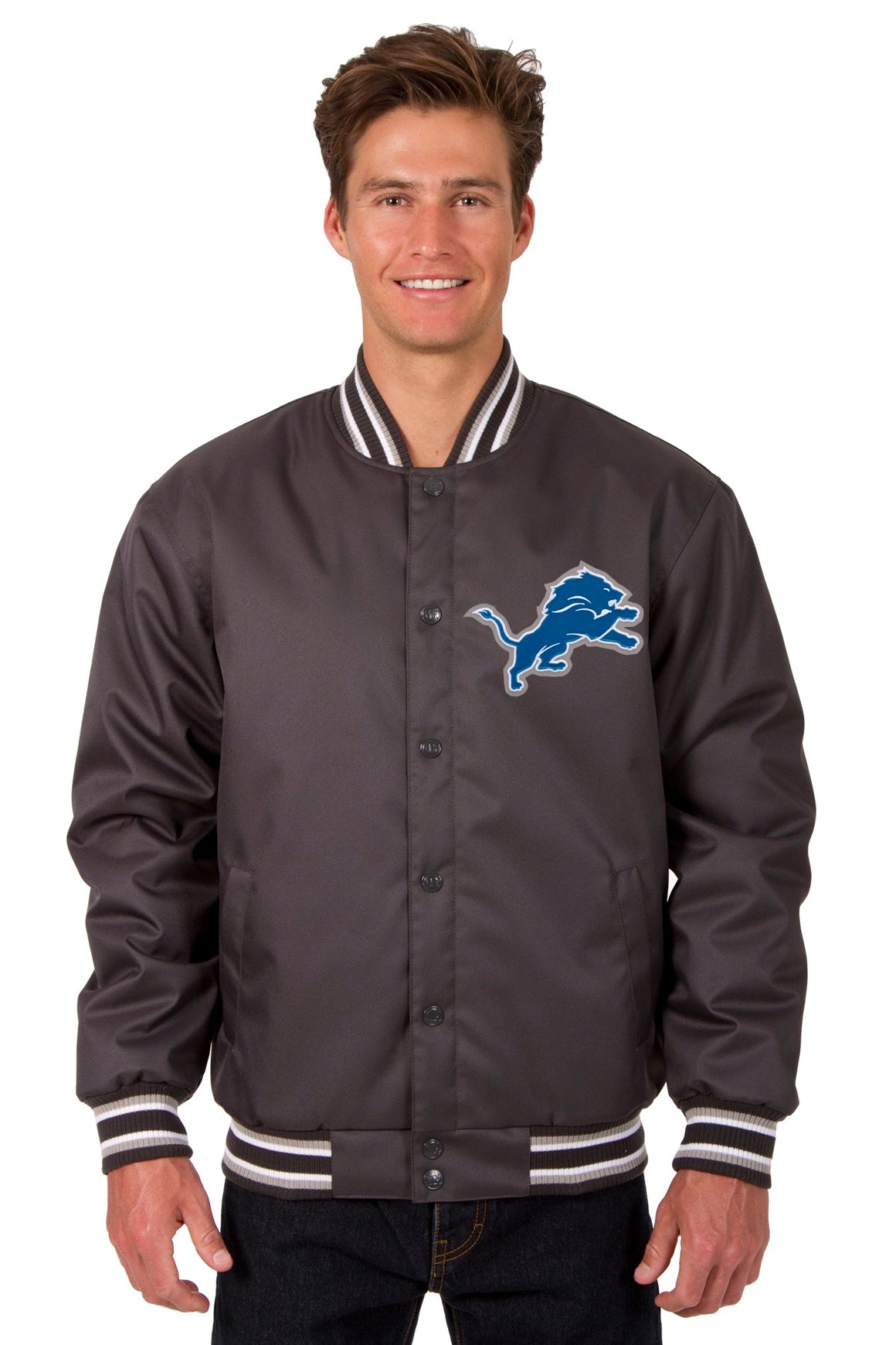 Detroit Lions Poly Twill Varsity Jacket - Charcoal | J.H. Sports Jackets