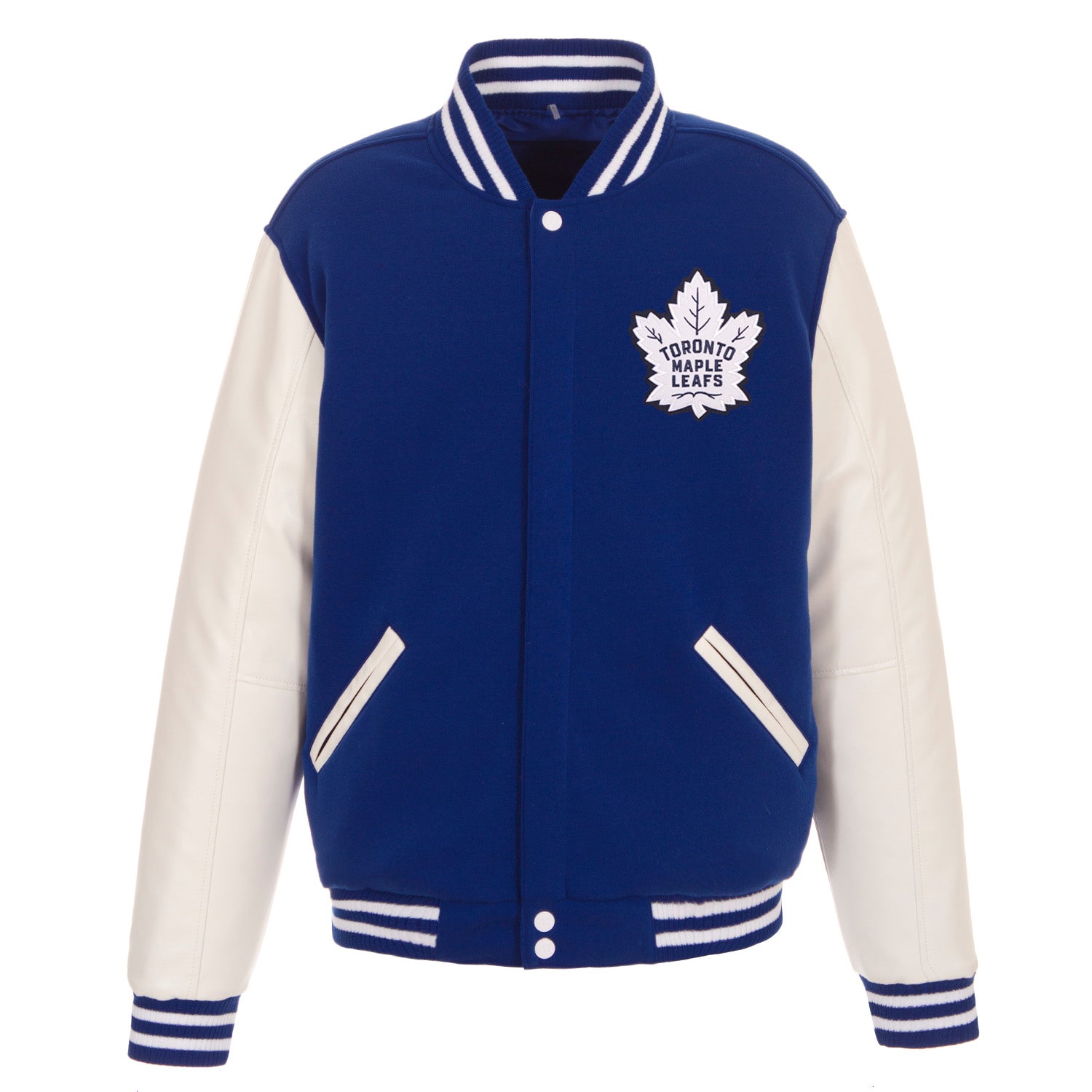 Toronto Maple Leafs JH Design Reversible Fleece Jacket with Faux Leather  Sleeves Royal/White