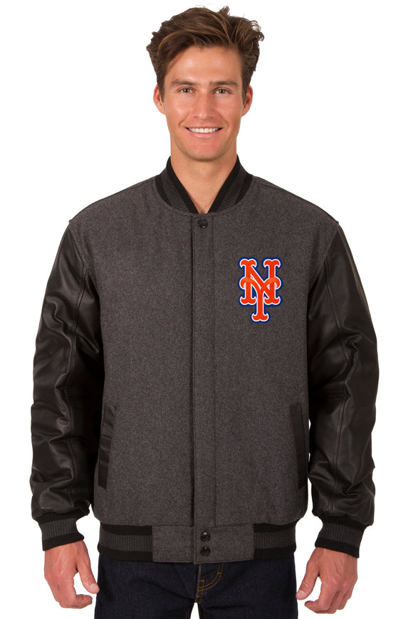 New York Mets Wool & Leather Reversible Jacket w/ Embroidered Logos ...