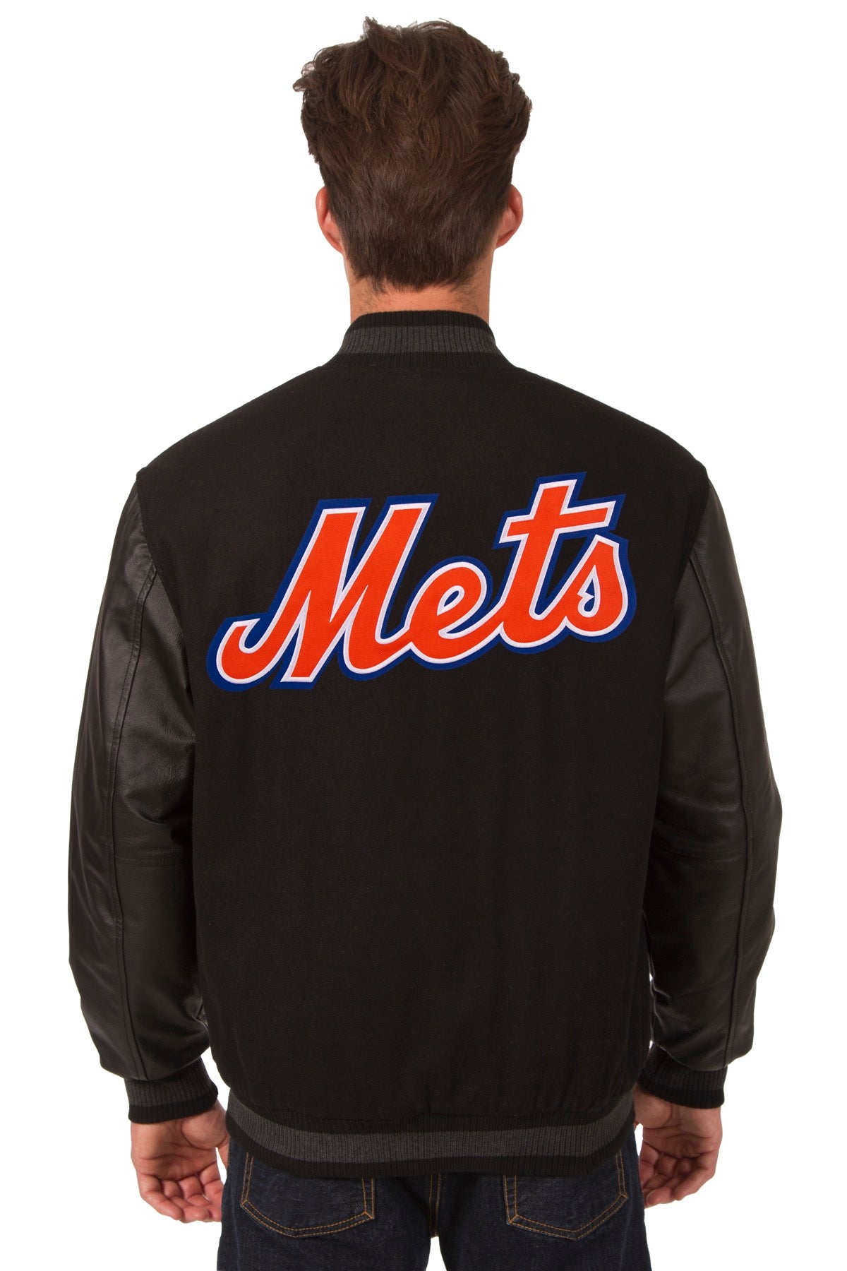 New York Mets Wool & Leather Reversible Jacket w/ Embroidered Logos - Black  J.H. Sports Jackets