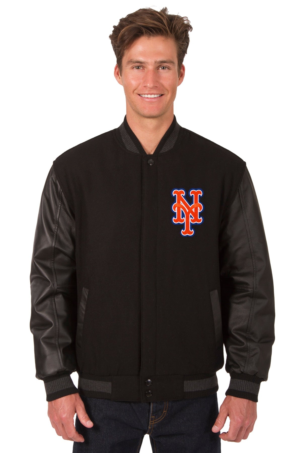 New York Mets Wool & Leather Reversible Jacket w/ Embroidered Logos ...