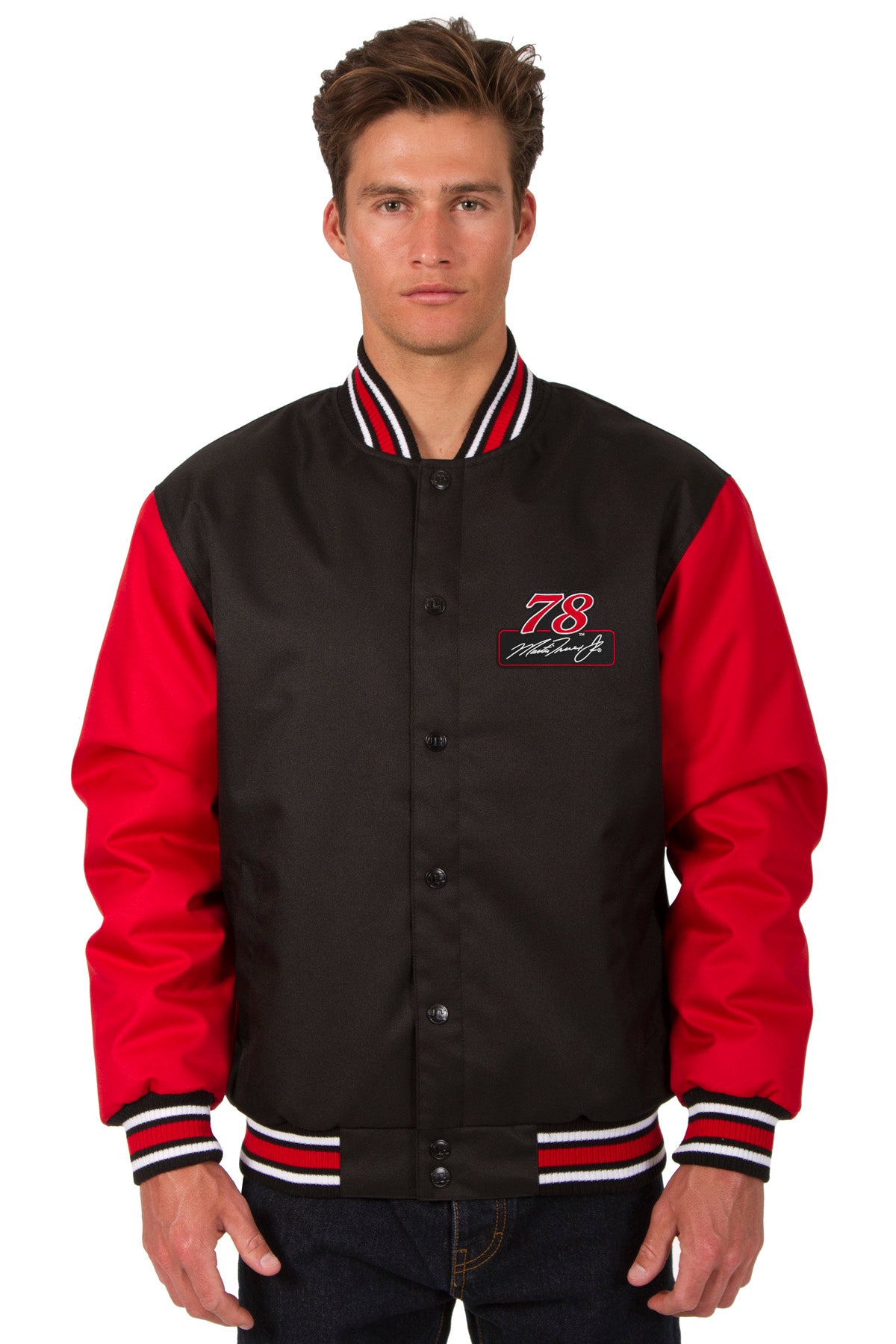 Martin Truex Jr. Poly Twill Varsity Jacket - Black/Red | J.H. Sports ...