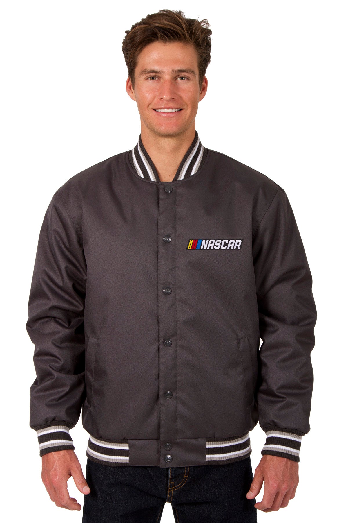 NASCAR Poly Twill Varsity Jacket - Charcoal | J.H. Sports Jackets