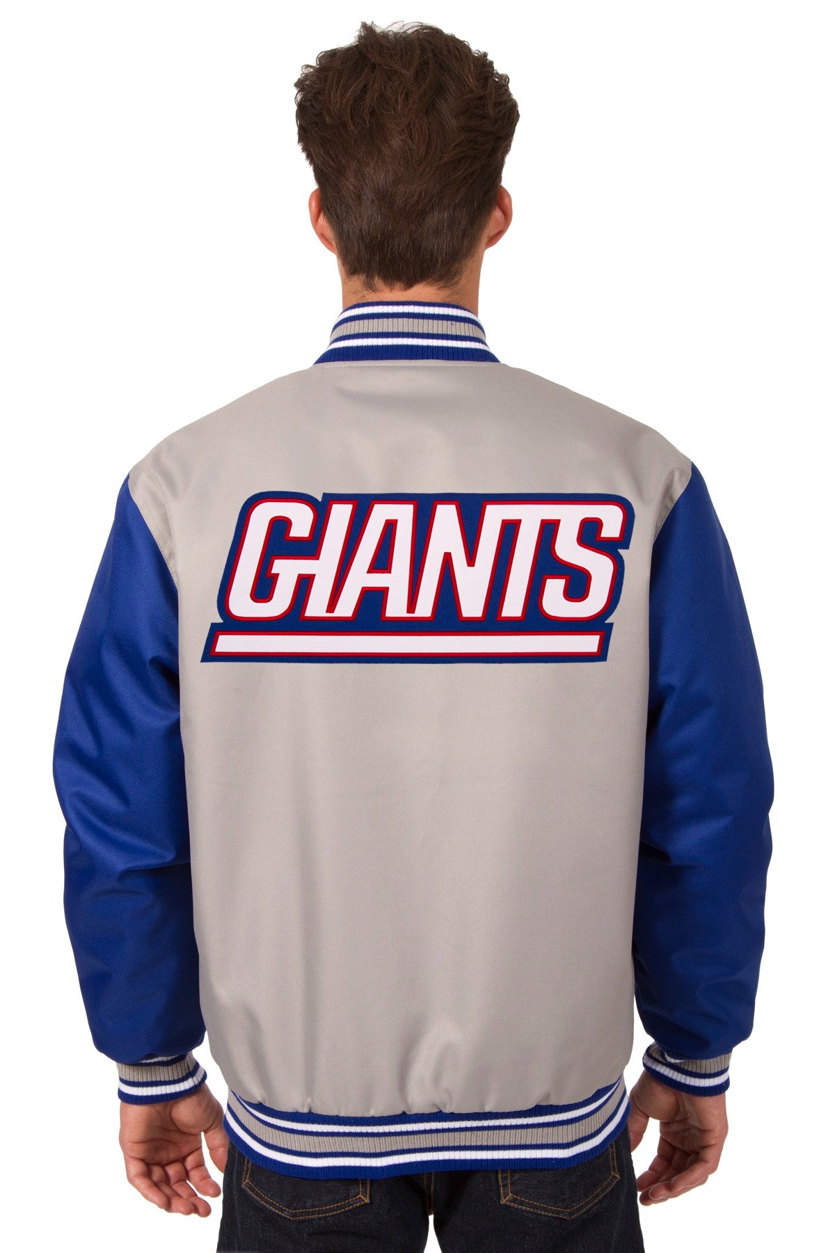 New York Giants Poly Twill Varsity Jacket - Gray/Royal | J.H. Sports ...