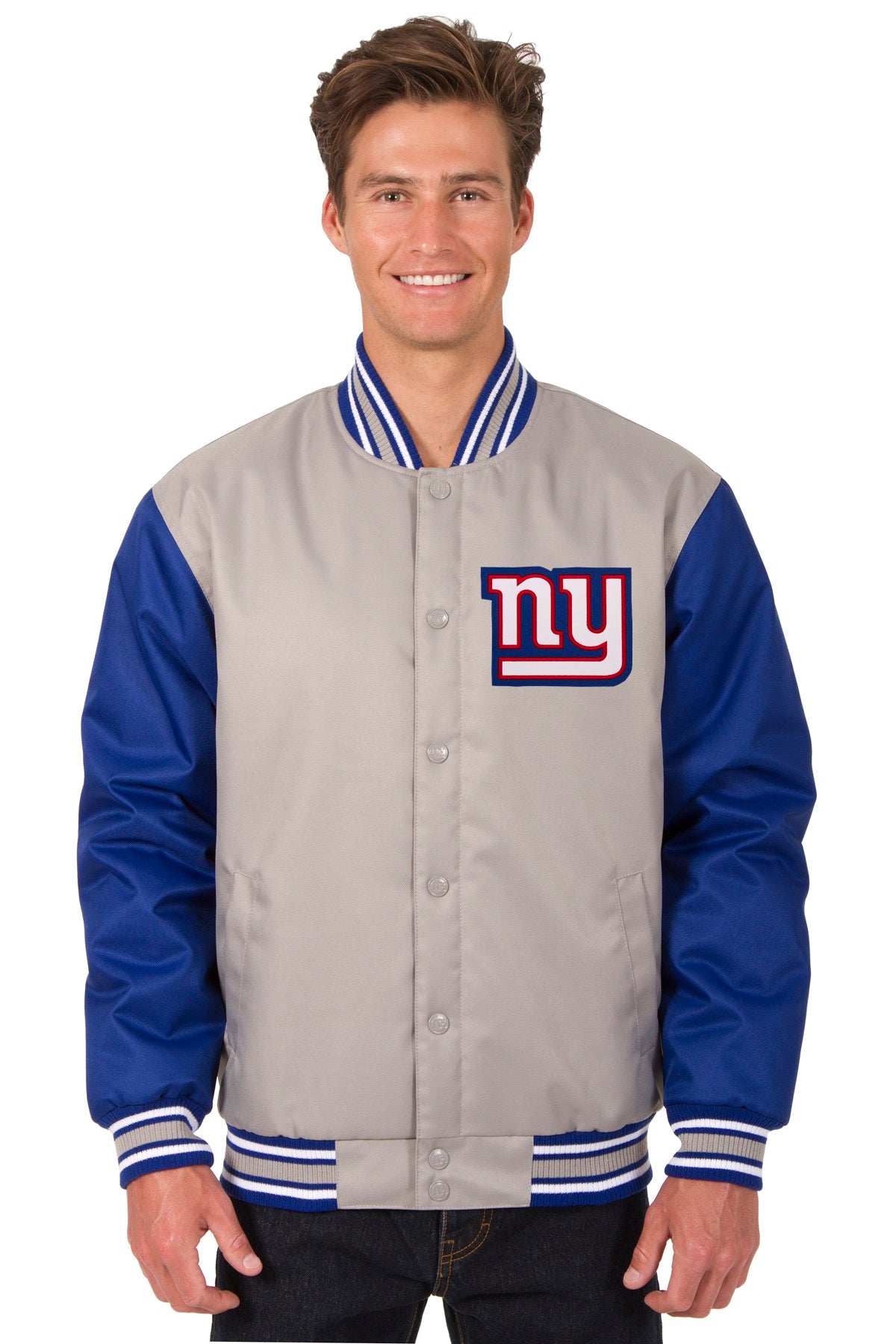 New York Giants Poly Twill Varsity Jacket - Gray/Royal | J.H. Sports ...