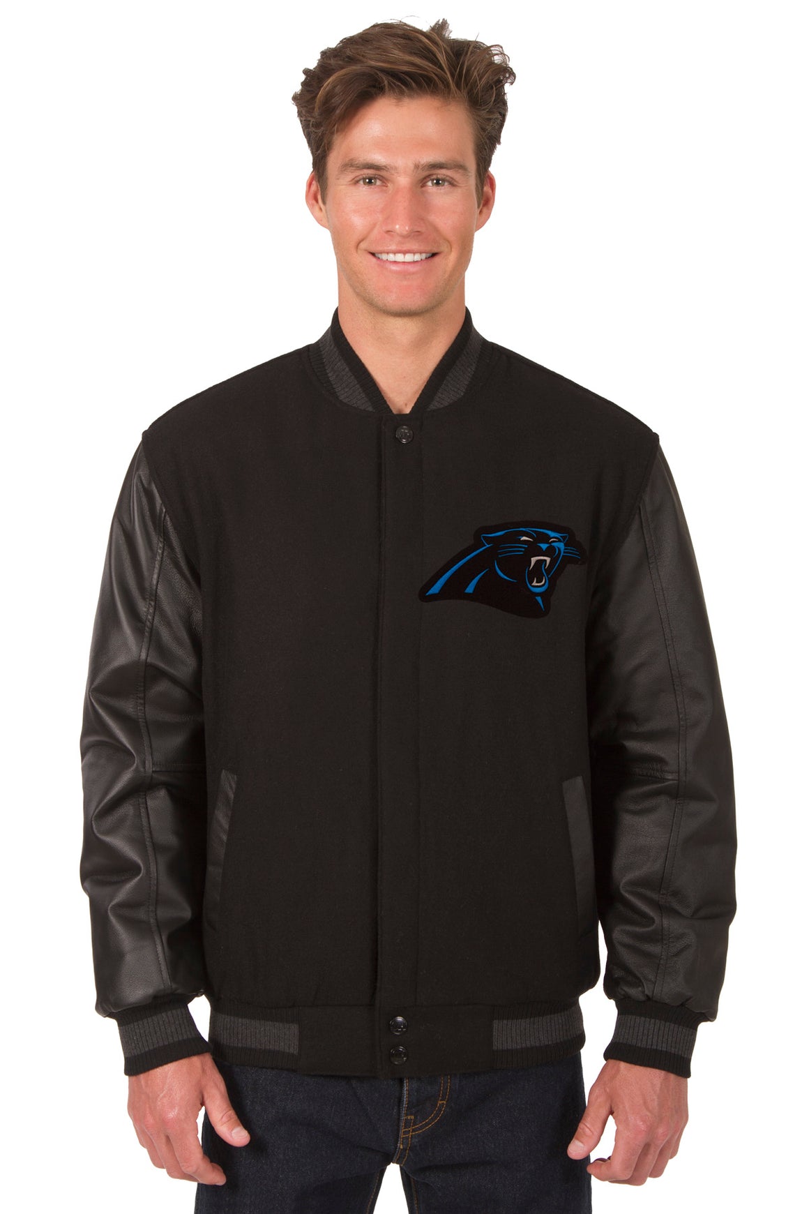 Carolina Panthers Wool & Leather Reversible Jacket w/ Embroidered Logos ...