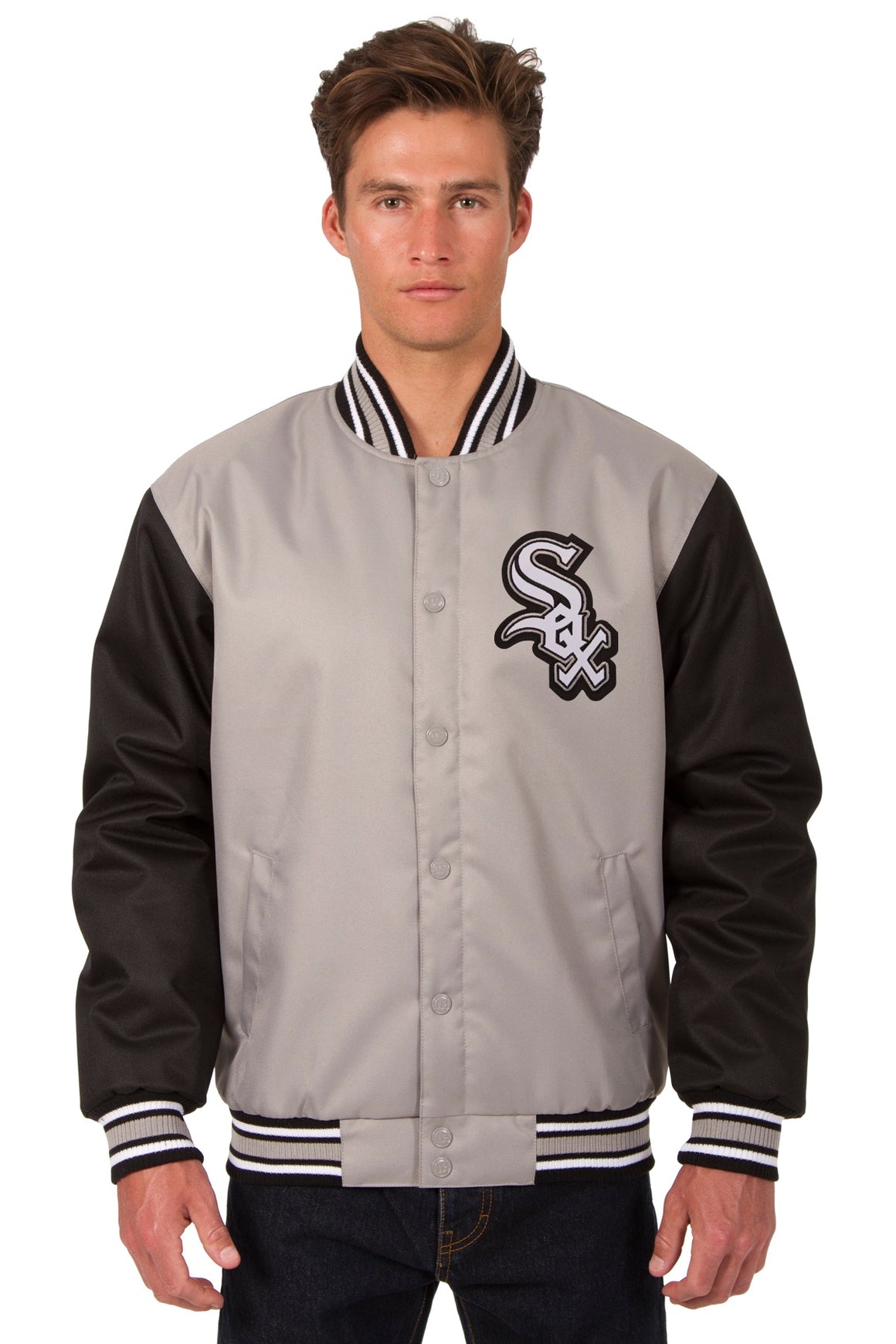 Chicago White Sox Poly Twill Varsity Jacket - Gray/Black | J.H. Sports ...