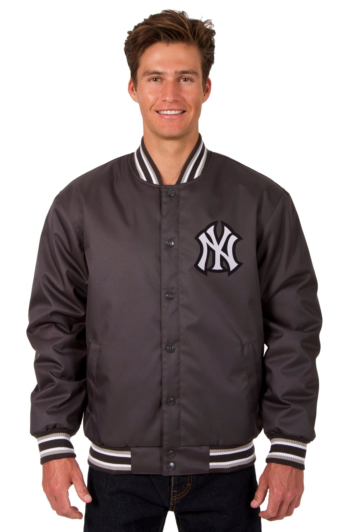 New York Yankees Poly Twill Varsity Jacket - Charcoal | J.H. Sports Jackets