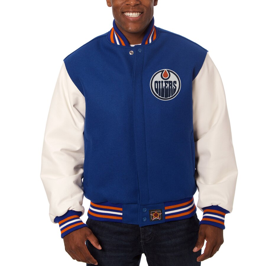 Edmonton Oilers Two-Tone Wool and Leather Jacket - Royal | J.H. Sports ...