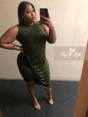 Plus Size Bodycon Mini with Asymmetrical Hem and Front Knot in Olive