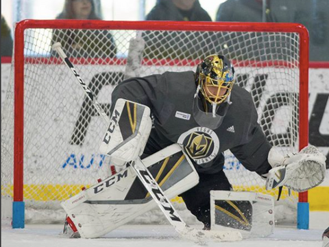 Vegas Golden Knights goaltender Marc Andre Fleury keeping things anchored down during practice @ Vegas Golden Knights practice facility.