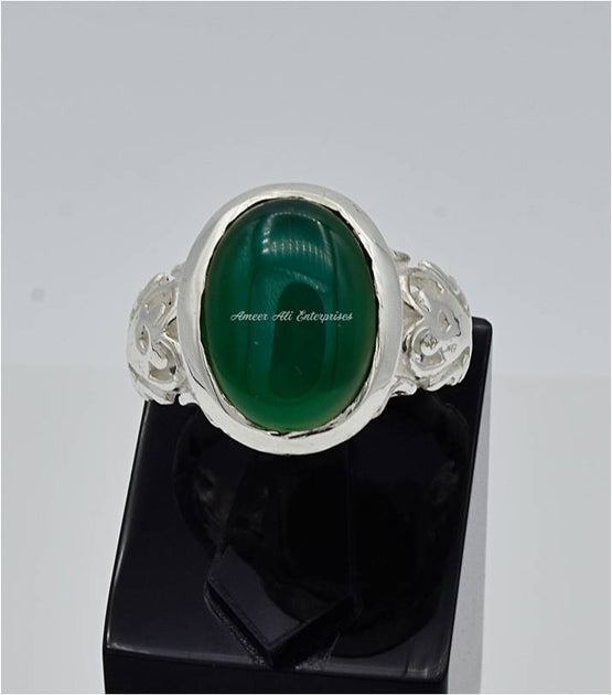 AAE 6596 Chandi Ring 925, Stone: Green Aqeeq – AmeerAliEnterprises