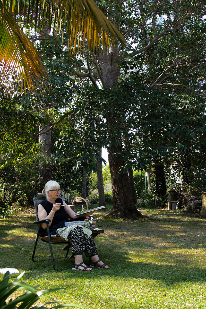 Artist Kate Broadfoot in her garden at Bulli NSW