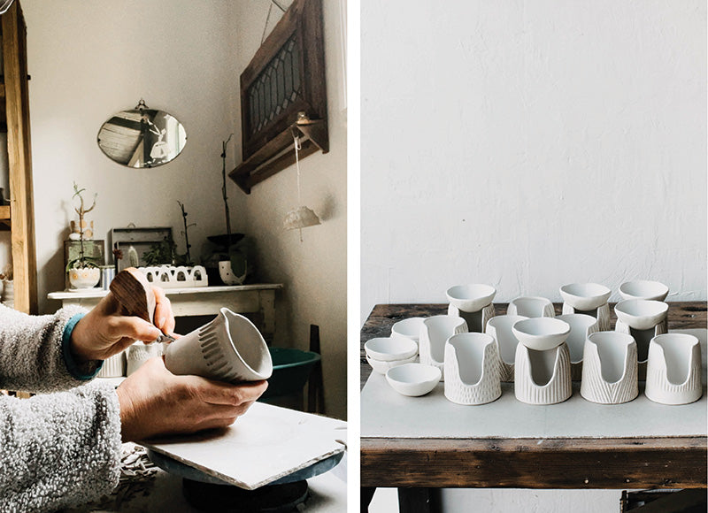 Mel Eliades from Clay Beehive carving essential oil burners in her pottery studio