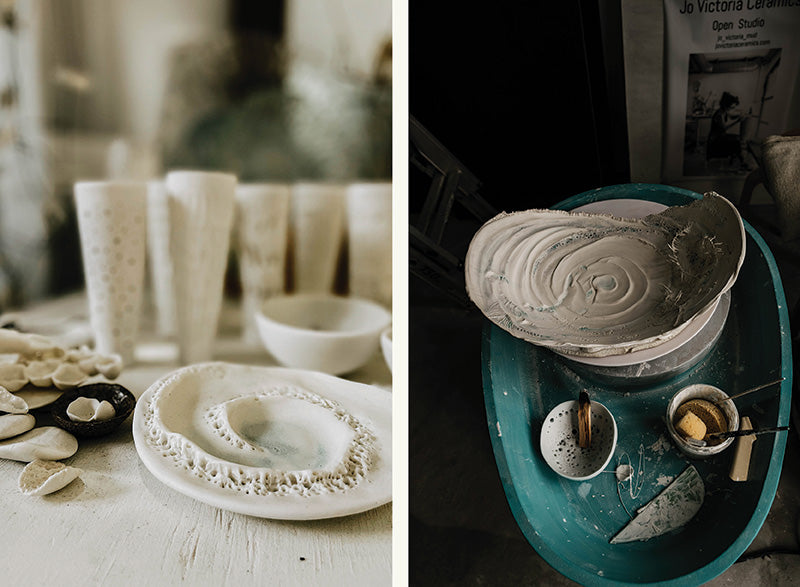 Ceramics by artist Jo Victoria. A potter's wheel.