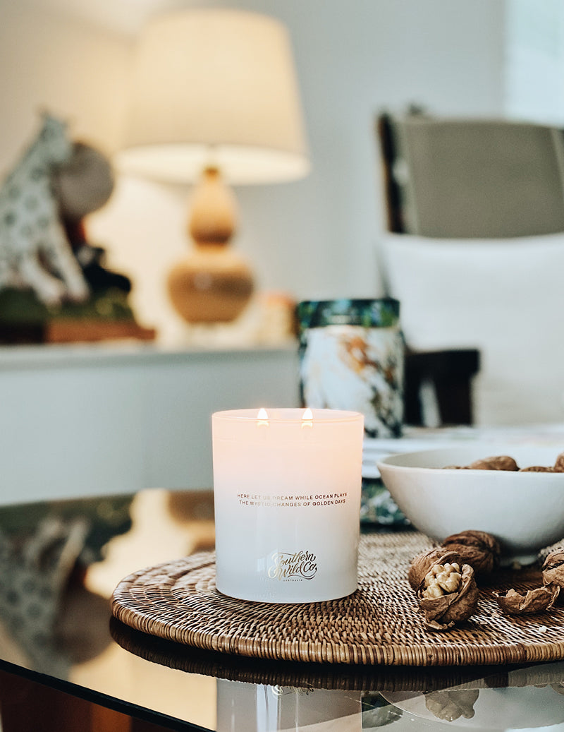 Beach house Interior with scented candle by Southern Wild Co