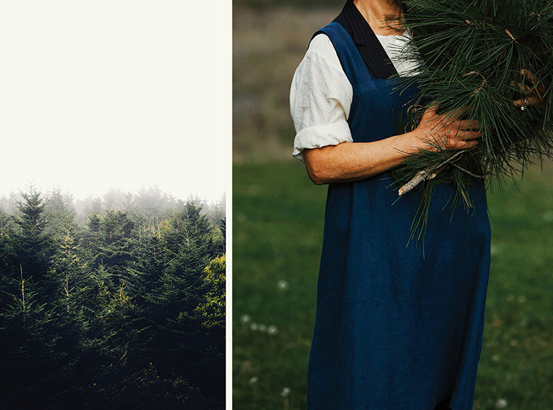 A misty pine forest and a woman wearing a linen apron carrying pine branches