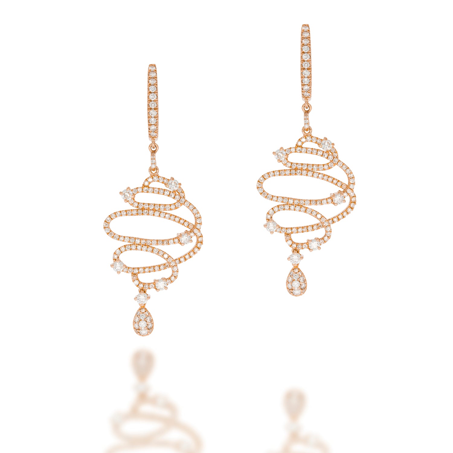 Masterpiece Earrings! Long earing spiral design cast from 18K rose gold and  set with 274 sparkling diamonds.