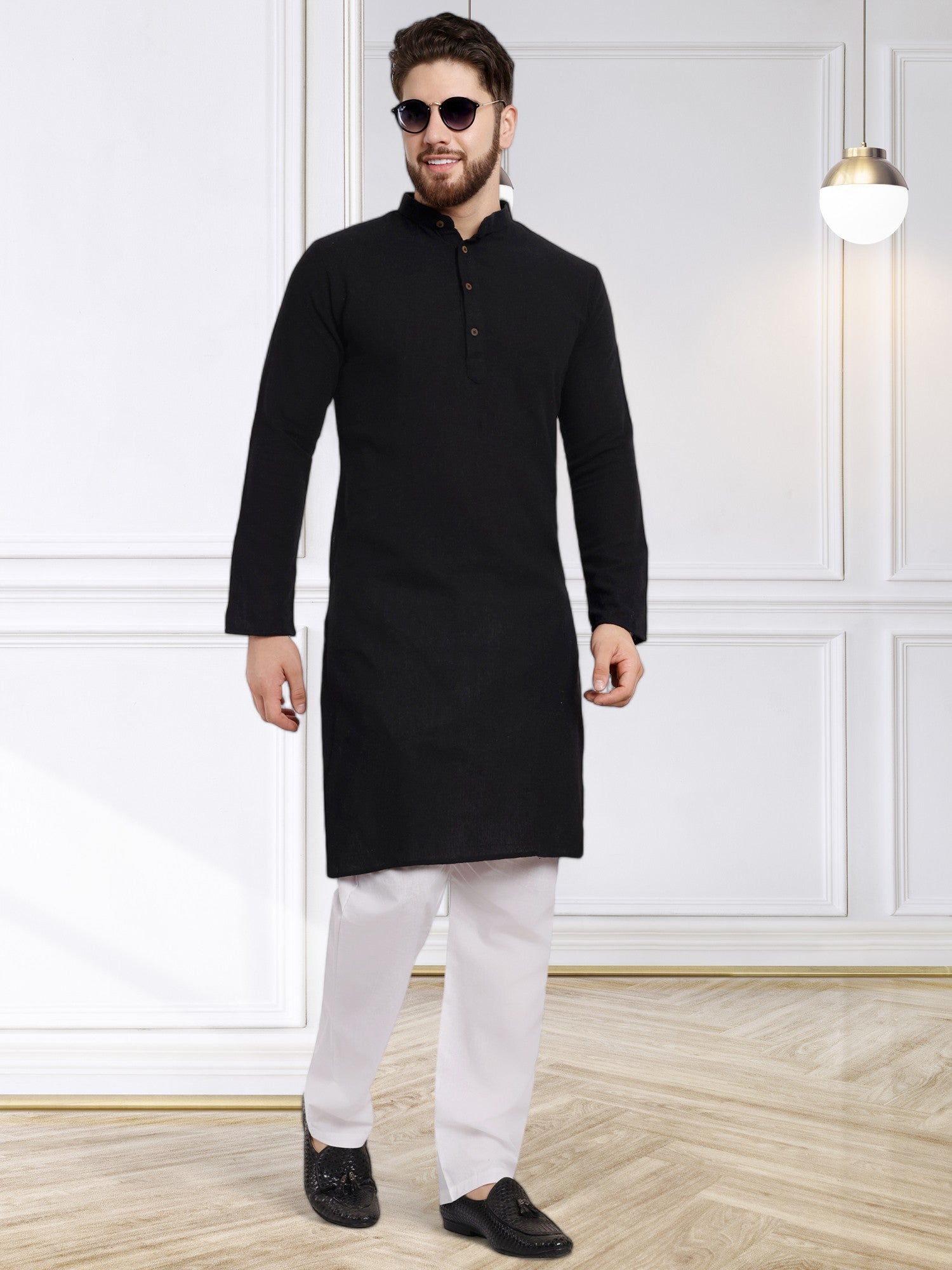 Handloom Cotton Men's Kurta Pajama Set for Casual Wear Black – SKAVIJ