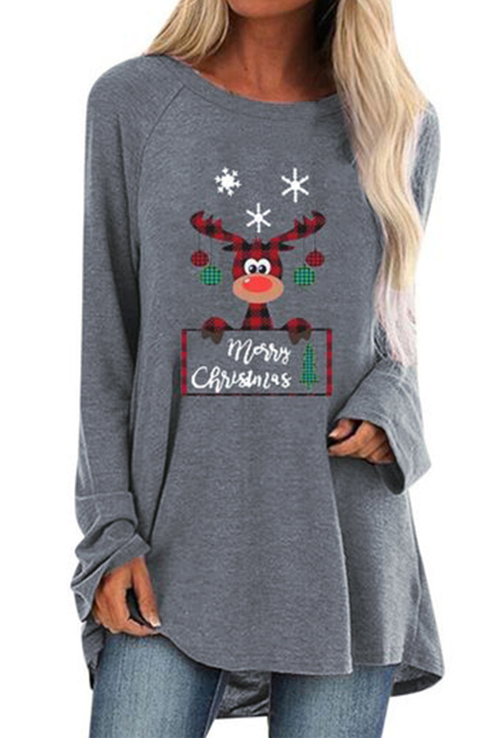 Gray Crew Neck Elk Print Christmas Tunic Top