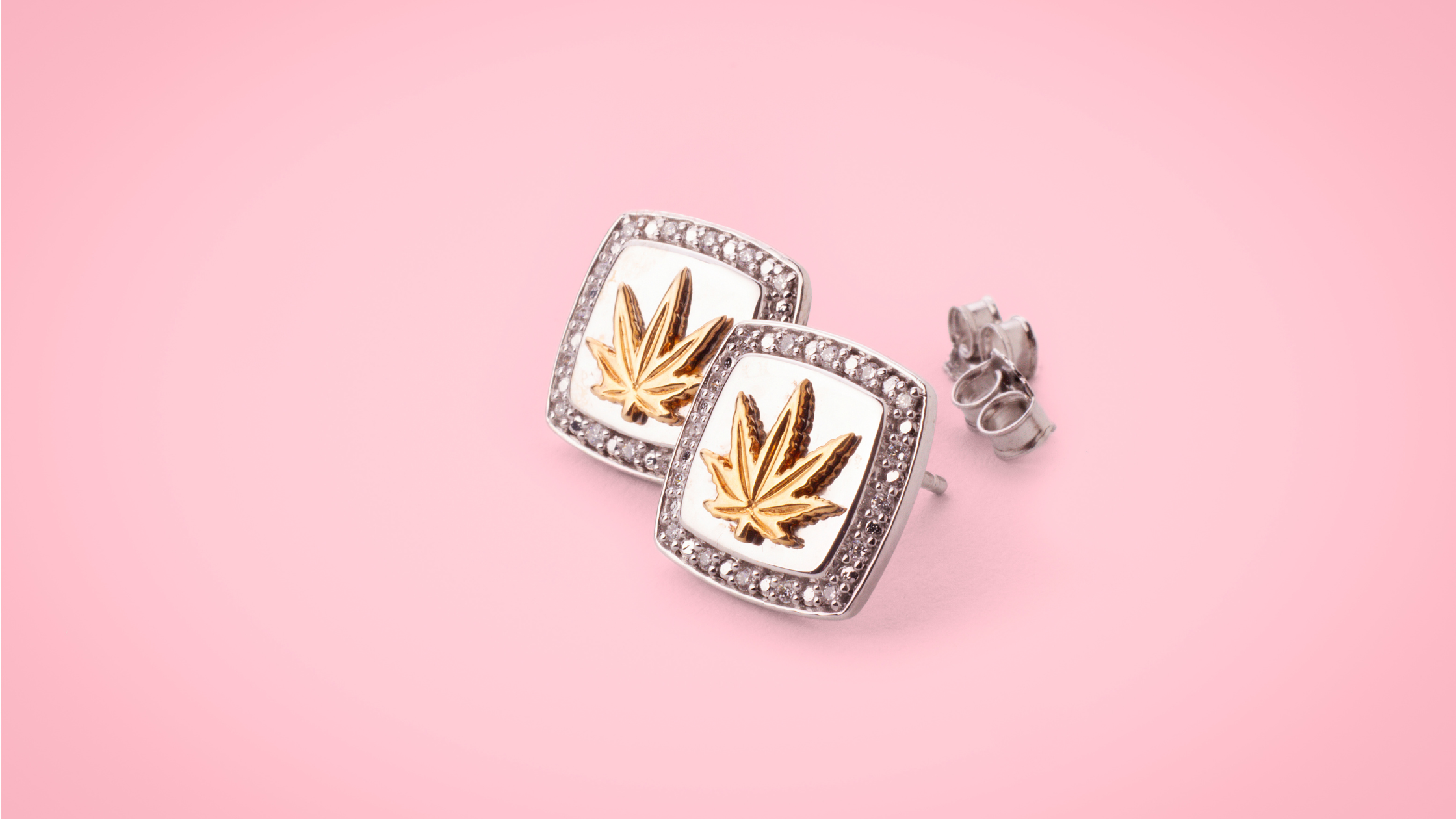 Diamond Stud Earrings with 14kt Gold Sativa Leaf 