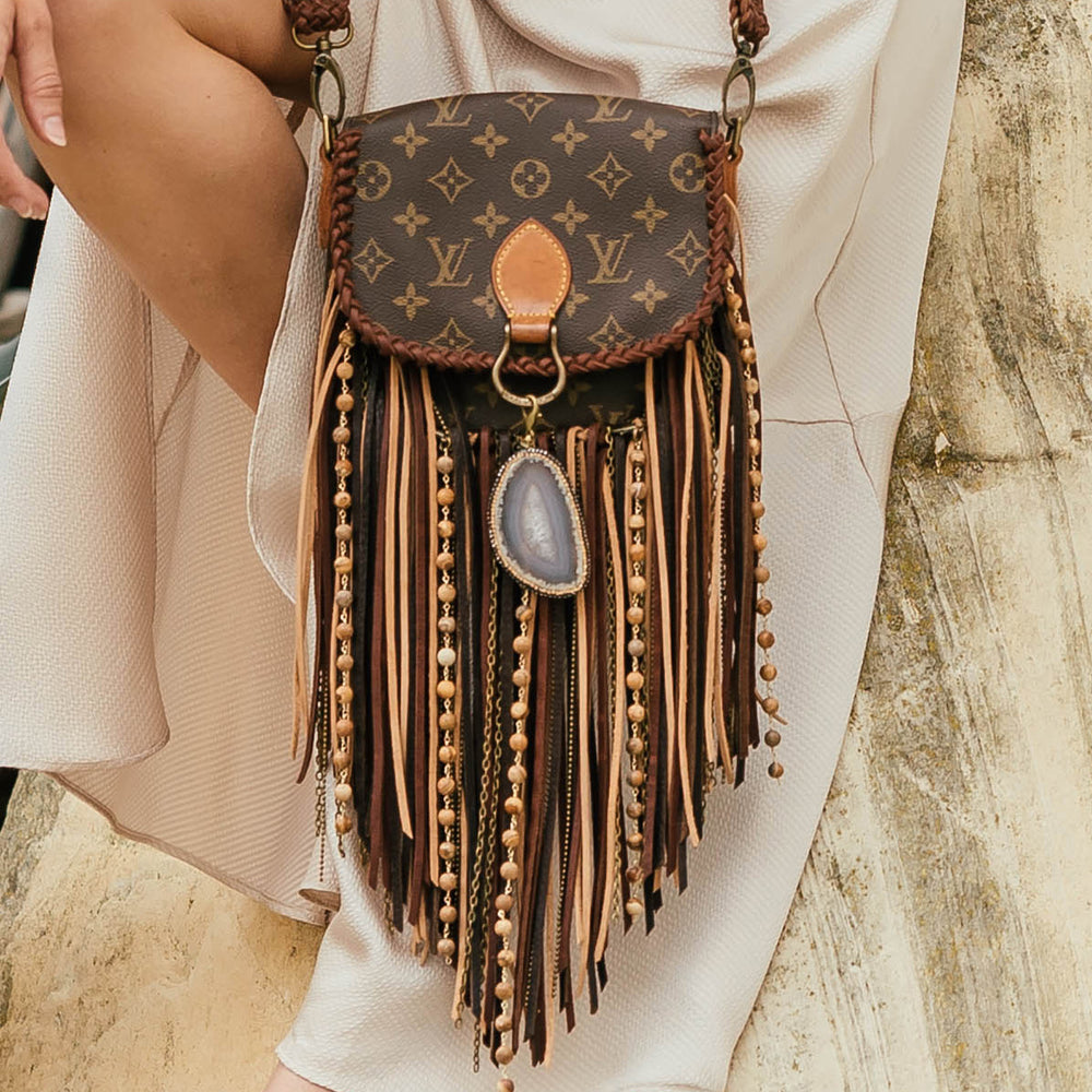 Polished Coconut - #upcycled Louis Vuitton fringe bag #slowfashion  #repurposed LV #ethicalluxury @polishedcoconut #our rodeo skirt #hand  stitched Mexican belt with sterling silver vintage buckle #satin Bill Blass  blouse #small batch production