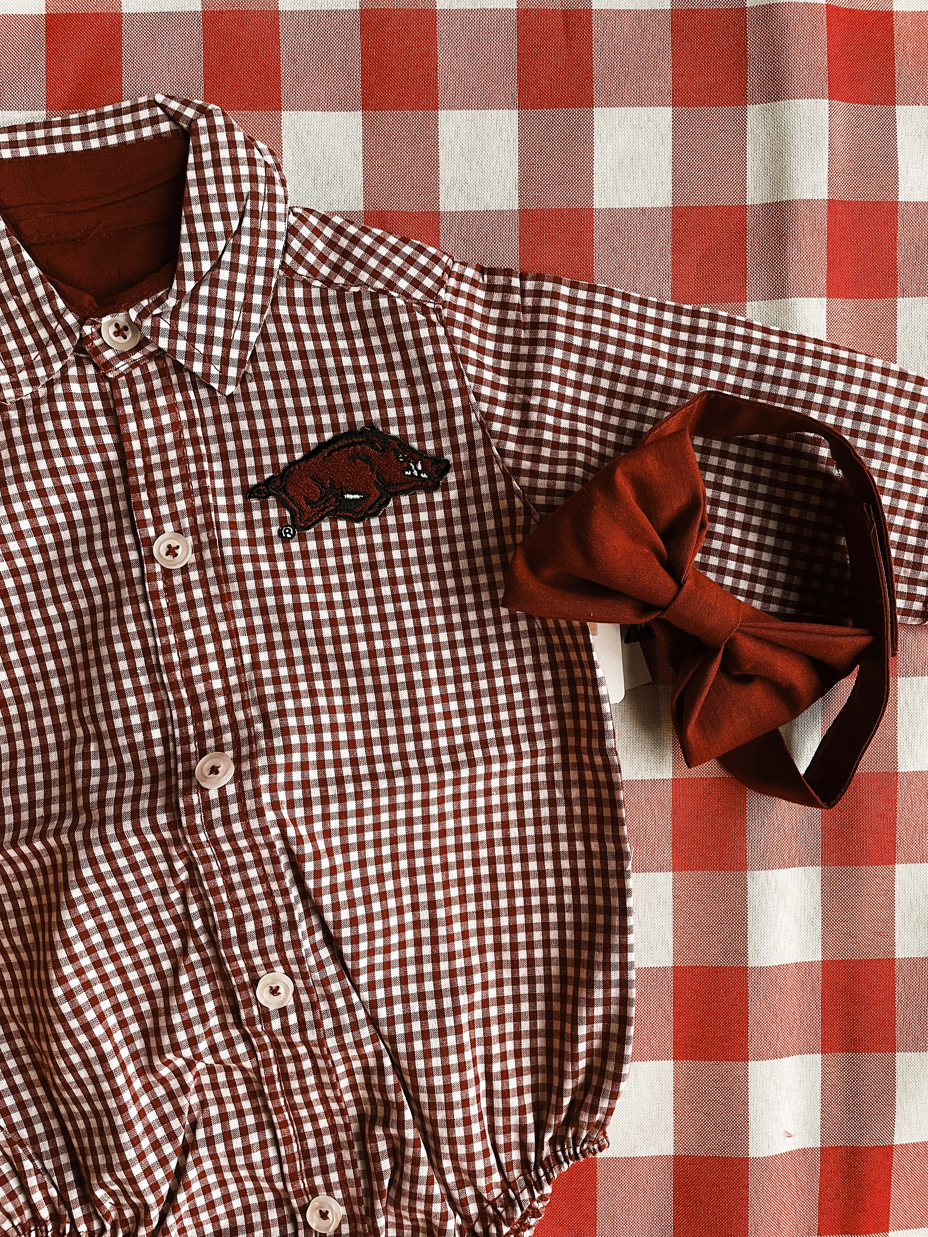 Arkansas Gingham Button-Up Body Suit with Bowtie