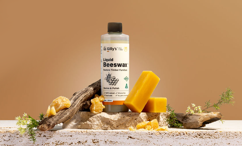 gillys liquid beeswax furniture polish with beeswax blocks, wax and flowers