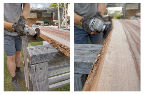 Removing bark on slab of camphor laurel