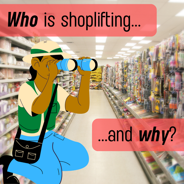 A person in a store aisle wearing safari clothes and using binoculars to look for a shoplifter