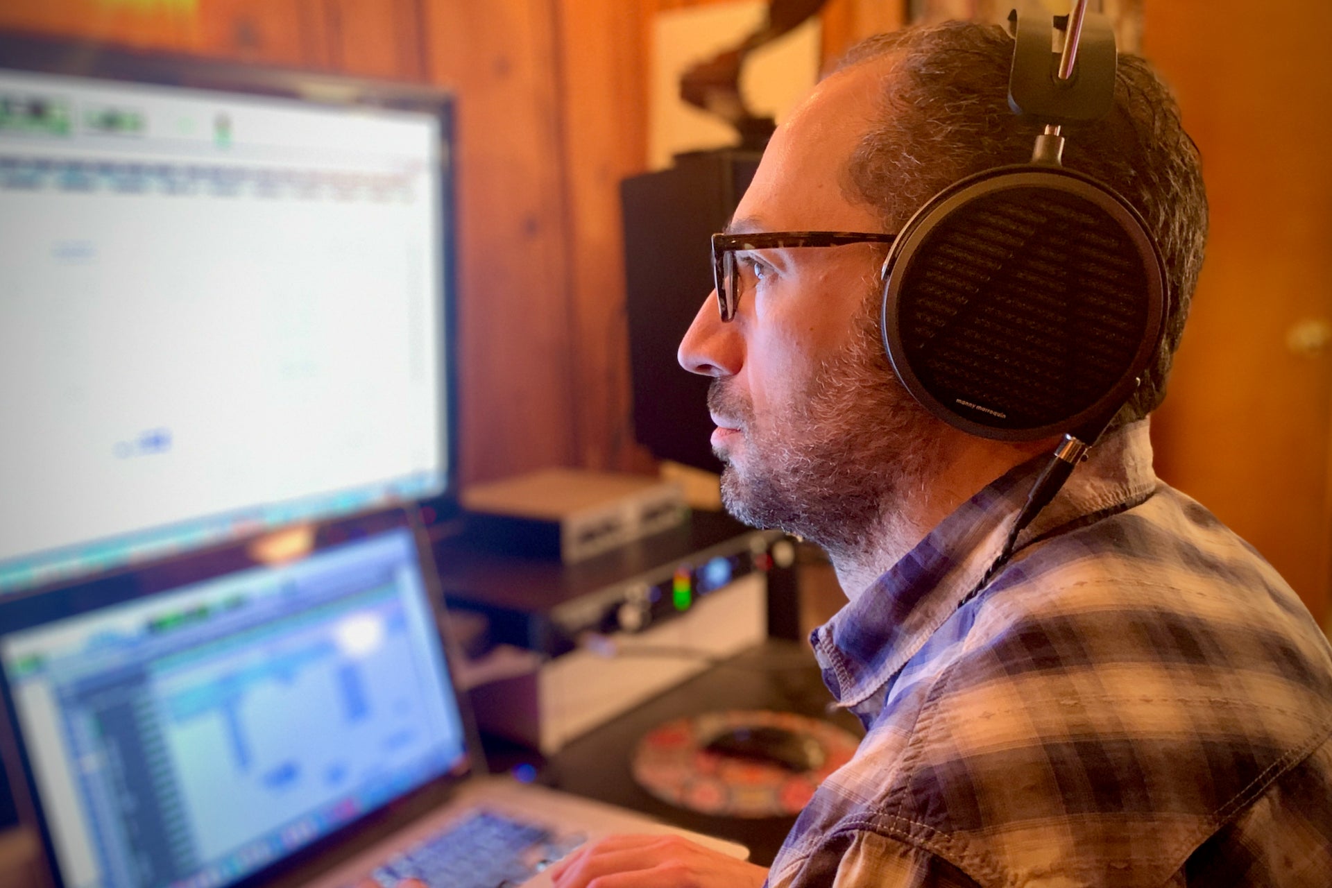 Brian Marsella in the studio with his MM-500 headphones
