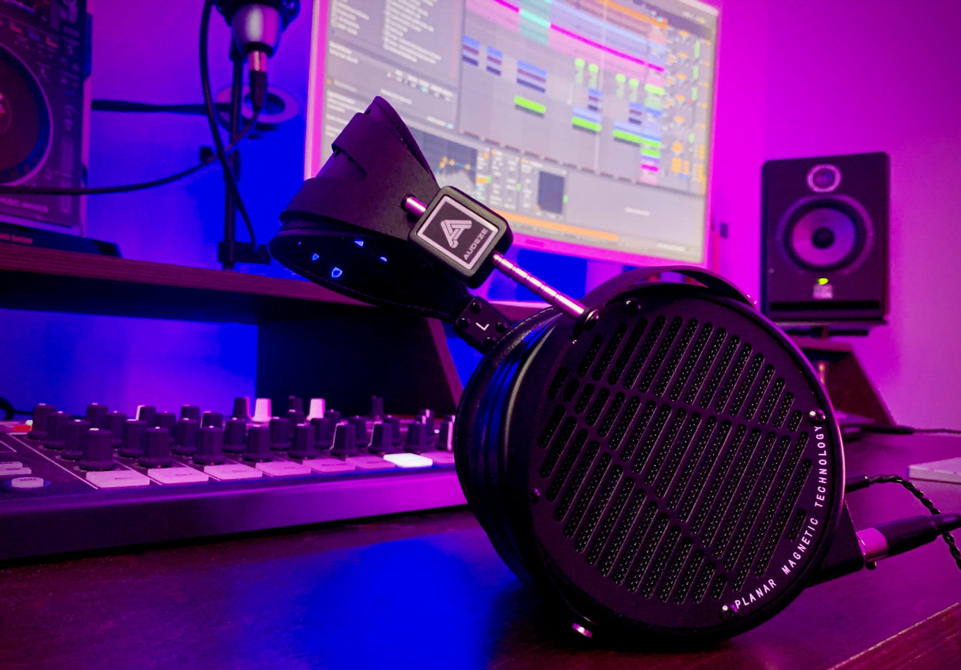 Dombresky's Audeze LCD-X headphoens in his studio