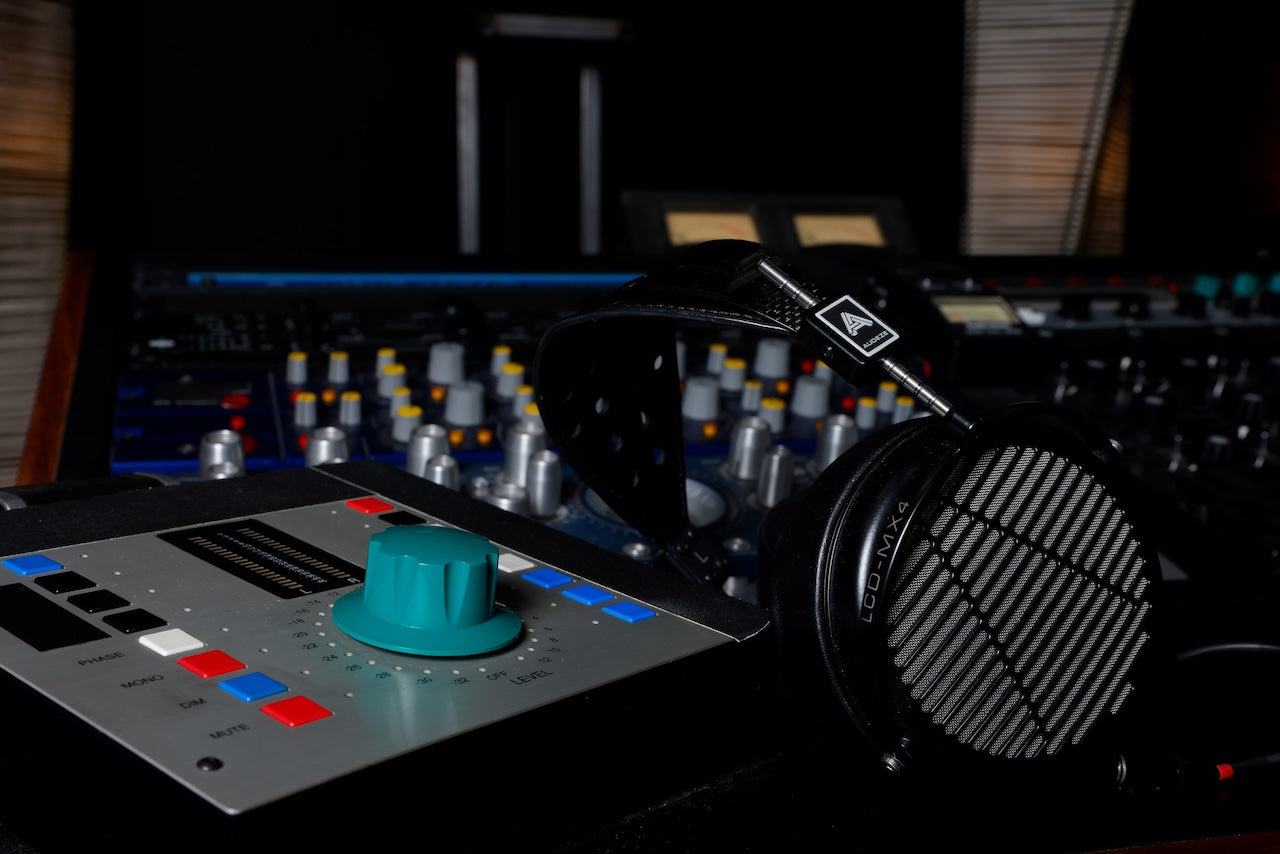 Audeze LCD-MX4 laying with studio equipment