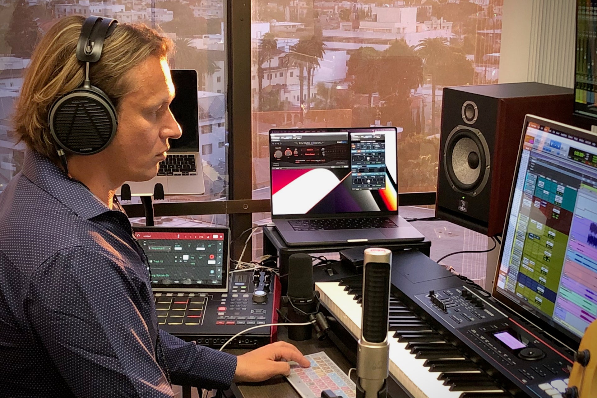Jan Simons in the studio with his Audeze MM-500 headphones