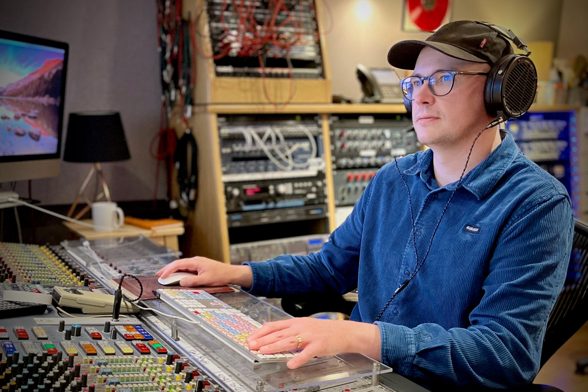 Jamie Ward in the studio with his Audeze LCD-X headphones