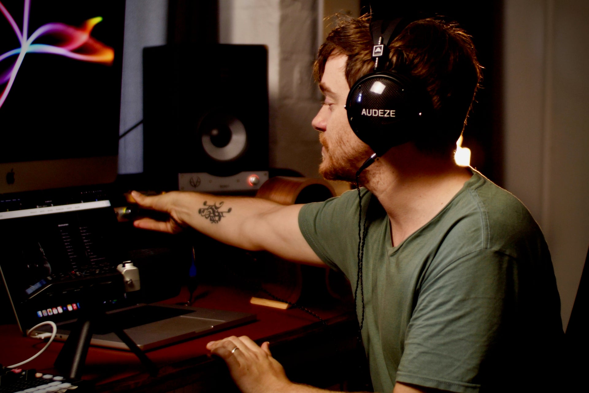 Reinhardt Buhr in the studio with his Audeze LCD-XC headphones