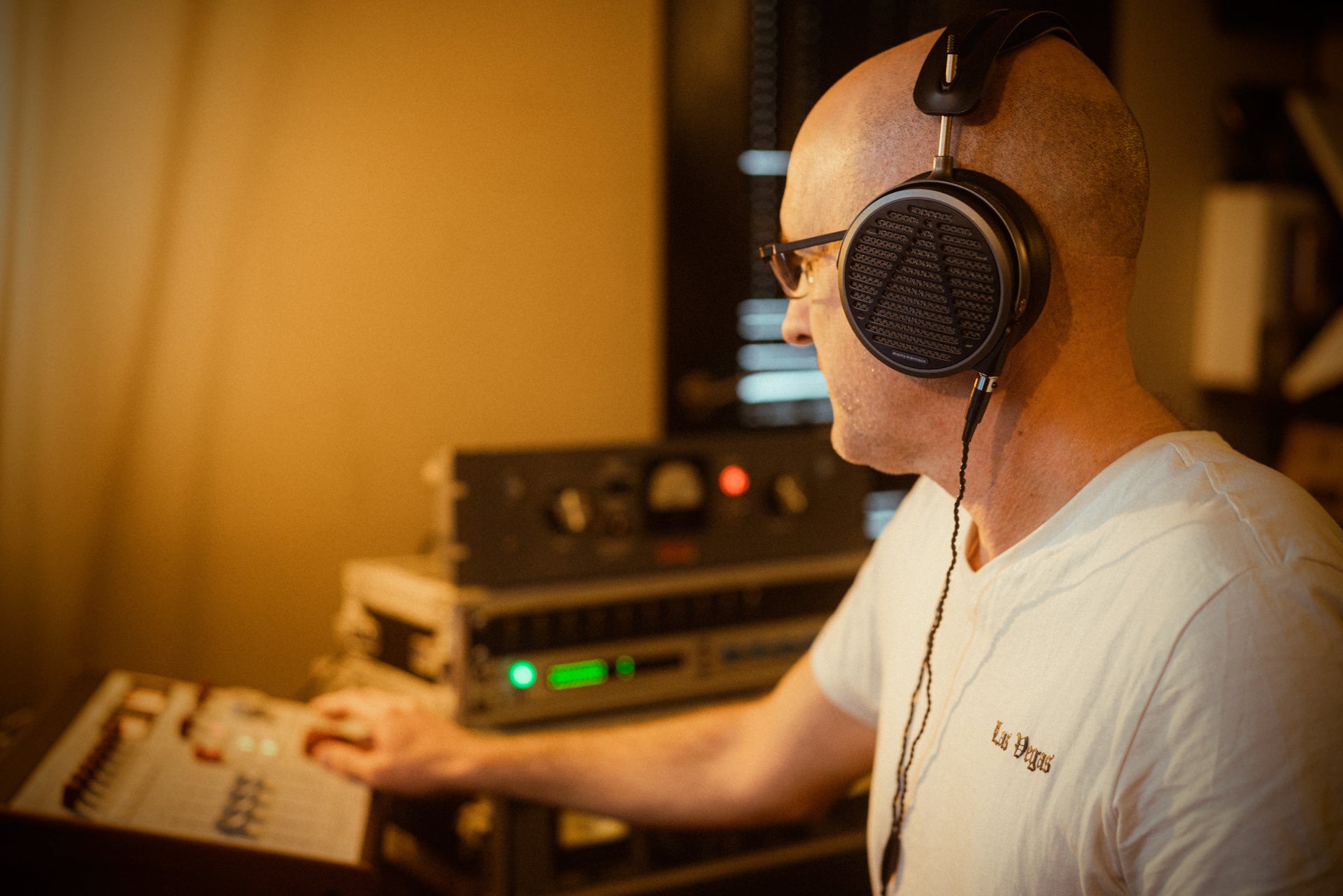 Ronen Roth in the studio with his Audeze MM-500 headphones