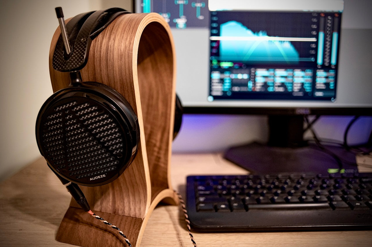 Audeze LCD-5 headphones on headphone stand