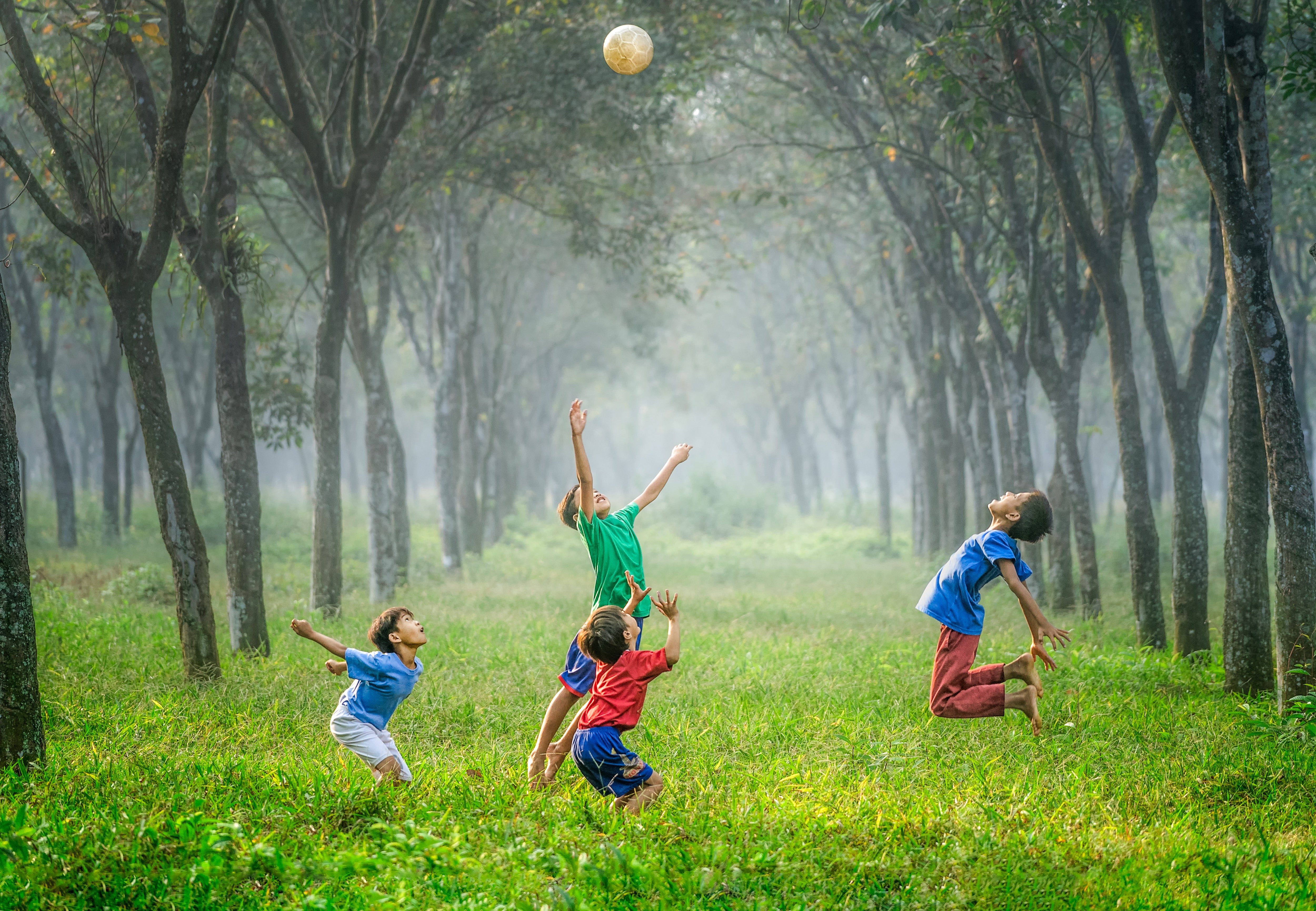 Kids Playing With a Ball Outside in Field with Trees - Sibling Photoshoot Idea
