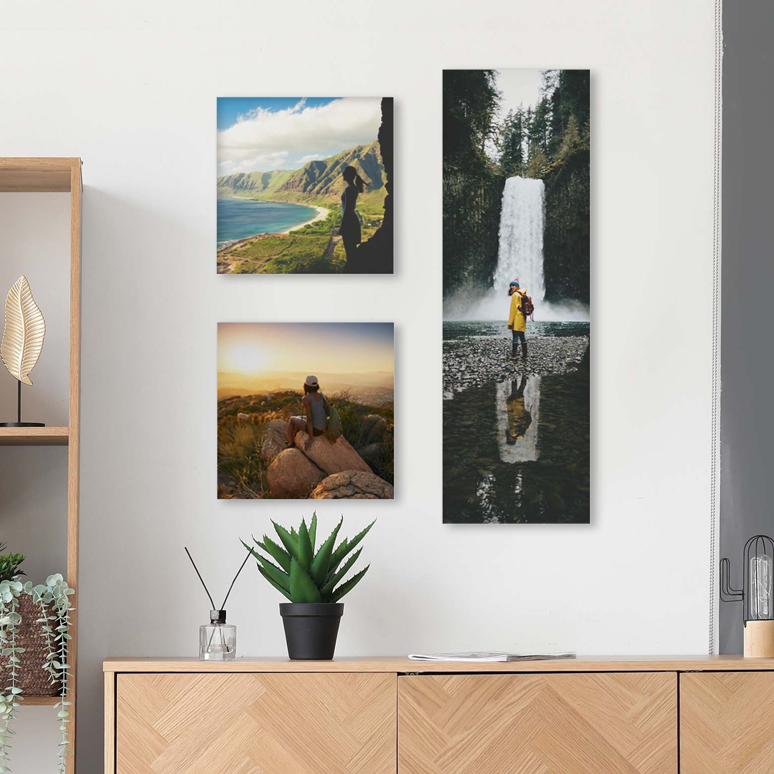 Three pictures arranged on the wall - two 10x10 and one 8x24