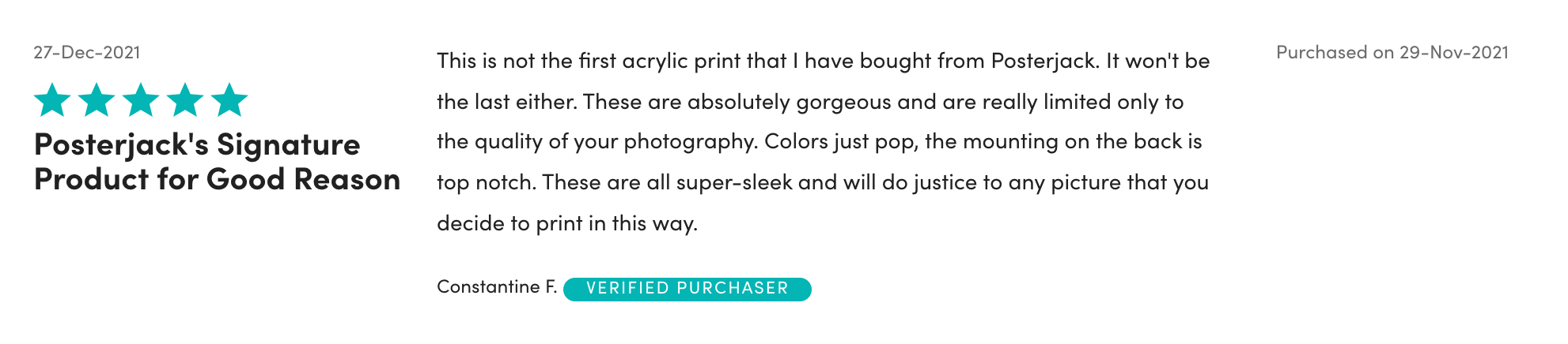 Screenshot of an Acrylic Print Review Submitted by a Posterjack Customer