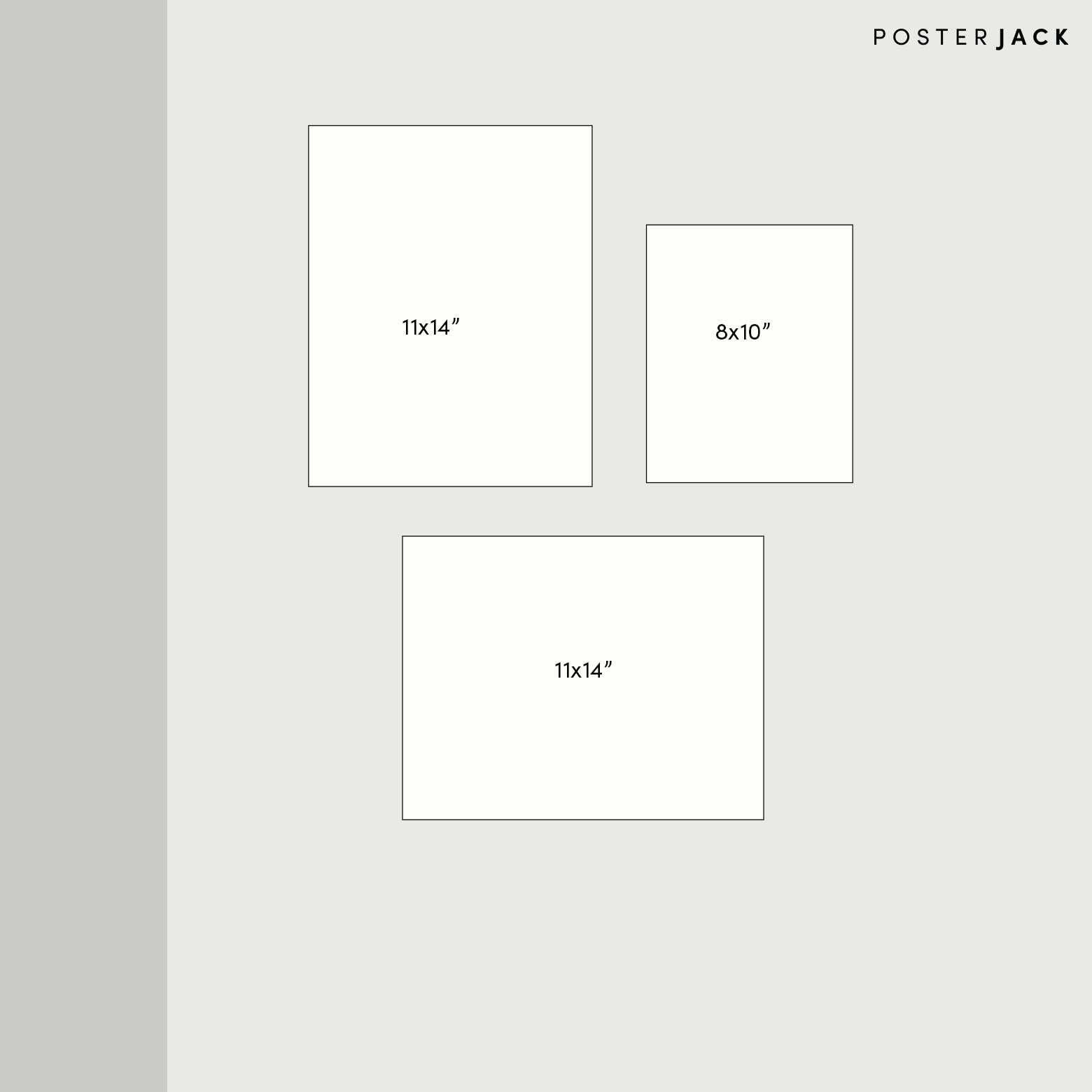 Three picture gallery wall template using two 11x14 frames and one 8x10 frame.