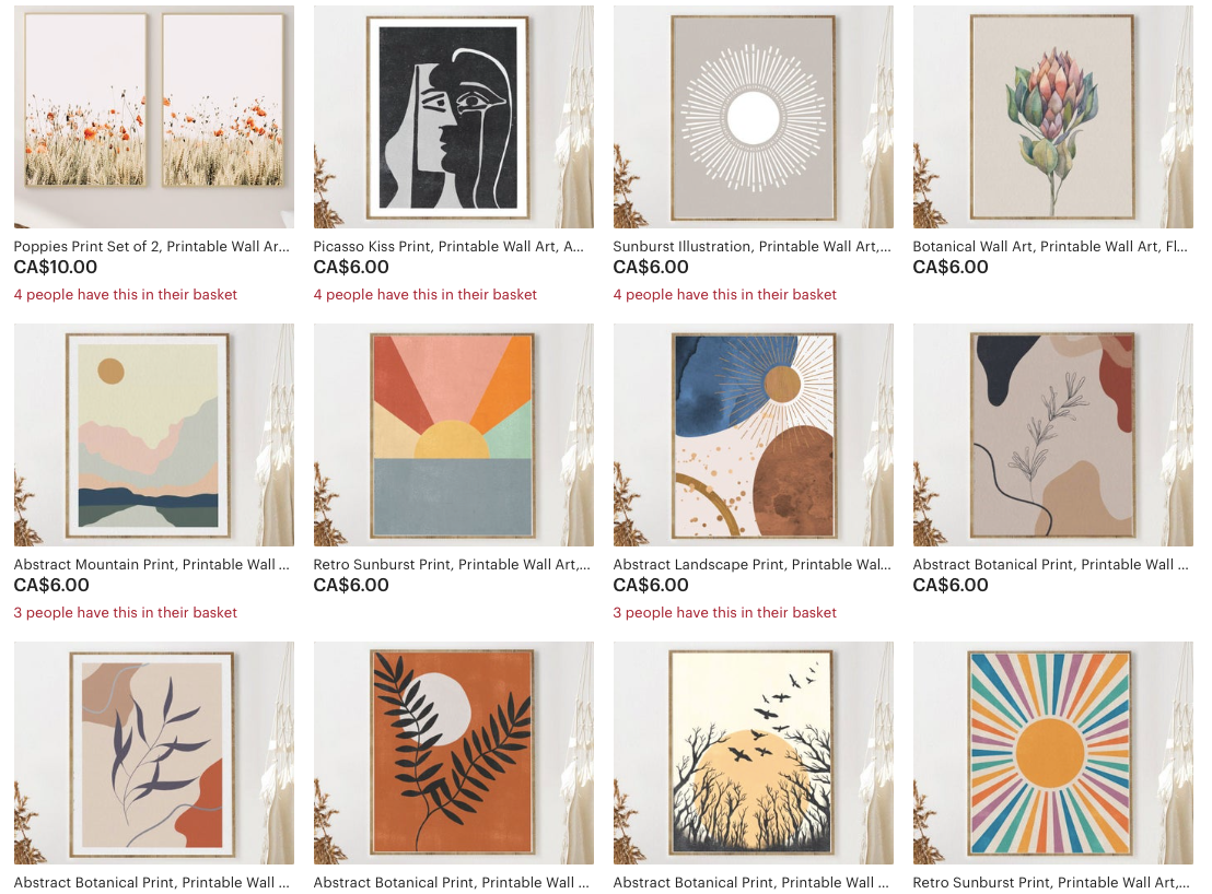 Screenshot of Etsy Digital Downloads by Canadian Artist